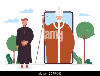 Church online vector illustration. Cartoon Christian priests in religion news for mobile app of phone gadget smartphone, internet application service program for online Bible study isolated on white Stock Vector