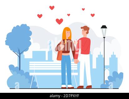 Couple people walk outdoor vector illustration. Cartoon happy young woman man lover characters holding hand together, adult persons walking on city street with loving hearts overhead isolated on white Stock Vector