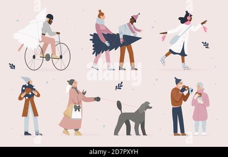 People in Christmas street market vector illustration. Cartoon woman man shoppers characters shopping in Xmas shop fair on town square, buying Christmas tree, hot drinks and boxes presents background Stock Vector