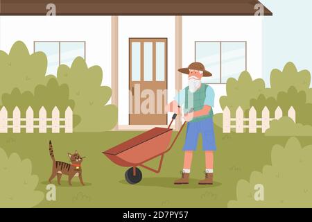 Old man gardener works in garden vector illustration. Cartoon elderly bearded farmer character working with wheelbarrow in house yard, seasonal summer agricultural work with gardening tools background Stock Vector