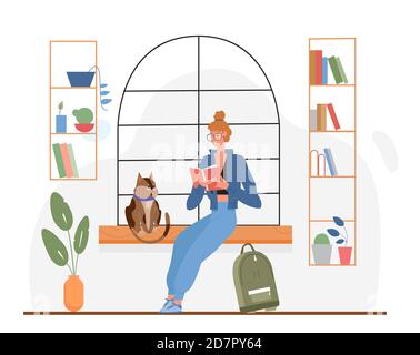 Student reading book vector illustration. Cartoon young booklover woman sitting among bookshelves, clever girl scholars reader character with glasses studying, education activity isolated on white Stock Vector