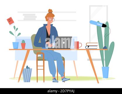 Student working at home vector illustration. Cartoon happy girl character studying and doing homework, young cute woman sitting at desk with laptop in room interior, home online education background Stock Vector