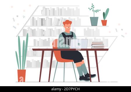 Study in book library vector illustration. Cartoon young happy male student character training, working and studying, boy sitting at table with laptop among library bookshelves, education background Stock Vector