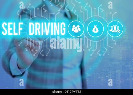 Word writing text Self Driving. Business photo showcasing Autonomous vehicle Ability to navigate without input System administrator control, gear conf Stock Photo