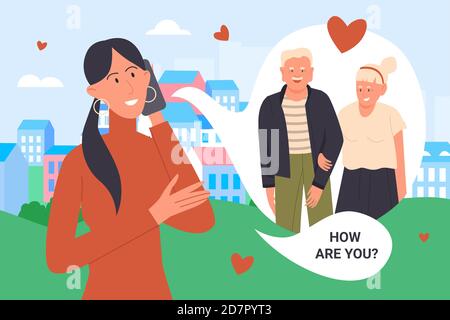 Call parents vector illustration. Cartoon young happy woman character with mobile cell phone walking on city street, talking with old grandparents at distance, love to parents relationship background Stock Vector