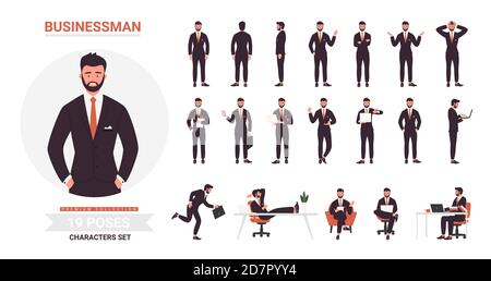 Businessman poses vector illustration set. Cartoon bearded business office worker character in black formal suit standing or running, executive young man employee in work or rest isolated on white Stock Vector