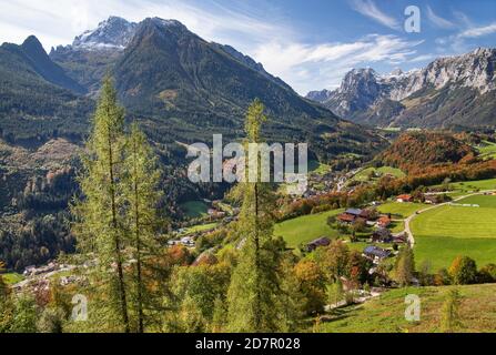 Village overview with Hochkalter and Reiteralpe, Ramsau, Berchtesgadener Alps, Berchtesgadener Land, Upper Bavaria, Bavaria, Germany Stock Photo
