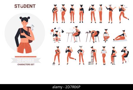 Student girl pose infographic vector illustration set. Cartoon young woman in casual clothes holding books for study, female character in jeans studying, resting in different posture isolated on white Stock Vector