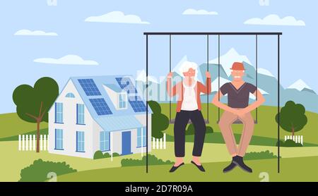 Elderly couple people spend fun time vector illustration. Cartoon old happy man woman characters sitting on swing, elder funny active grandfather and grandmother in outdoor nature activity background Stock Vector
