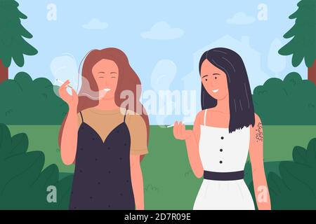 Girls smoke vector illustration. Cartoon young smoker woman friends group holding cigarettes, pretty funny female characters smoking tobacco or marijuana at summer green nature landscape background Stock Vector