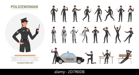 Police officer woman poses vector illustration set. Cartoon policewoman in black uniform works in office or street public security, female cop holding ticket, handcuffs or stop sign isolated on white Stock Vector