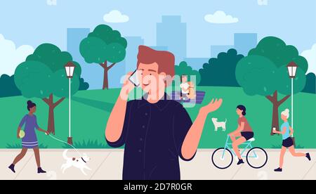 Man talking on phone in summer park vector illustration. Cartoon young male student character using smartphone for talk communication with friends or family, standing in urban city park background Stock Vector
