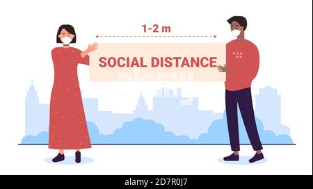 Outdoor social distance infographic vector illustration. Cartoon man woman characters in protective masks distancing, walking on city street, protection health during corona virus isolated on white Stock Vector