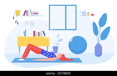 Yoga workout exercise vector illustration. Cartoon girl doing sport gymnastics or yoga asana at home gym interior, healthy lifestyle and daily activity for training body health isolated on white Stock Vector