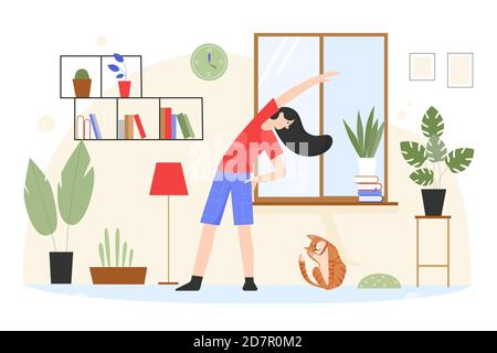 Woman training, doing yoga exercise at home vector illustration. Cartoon young yogist active girl character exercising and stretching for body health, healthy lifestyle activity isolated on white Stock Vector