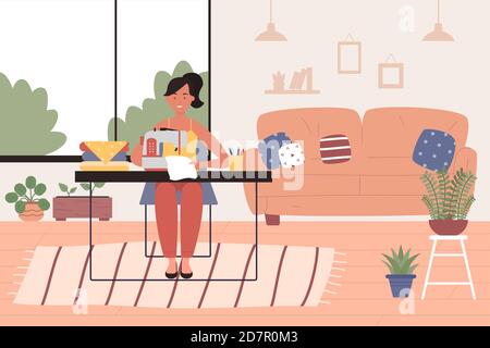 Woman tailor works at home vector illustration. Cartoon needlewoman working with sewing machine, dressmaker seamstress sews handicraft clothes at home room interior, craft tailoring hobby background Stock Vector