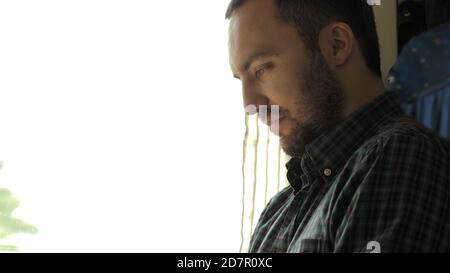 Man working with computer on a train. Stock Photo