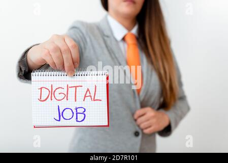 Handwriting text writing Digital Job. Conceptual photo get paid task done through internet and an individualal computer Model displaying different emp Stock Photo