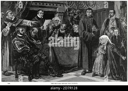 The Beggars before the Council, commence of Dutch Revolt, Illustration, Ridpath's History of the World, Volume III, by John Clark Ridpath, LL. D., Merrill & Baker Publishers, New York, 1897 Stock Photo