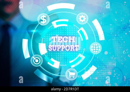 Writing note showing Tech Support. Business concept for Assisting individuals who are having technical problems Information digital technology network Stock Photo
