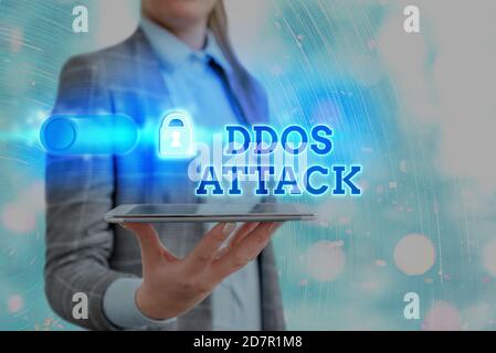 Text sign showing Ddos Attack. Business photo showcasing perpetrator seeks to make network resource unavailable Graphics padlock for web data informat Stock Photo