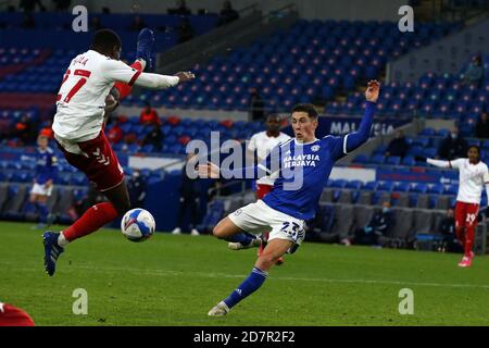 Harry Wilson of Cardiff city (r) has a great chance to score very late in the game but totally miss kicks the ball as Marc Bola of Middlesbrough (l) clears. EFL Skybet championship match, Cardiff city v Middlesbrough at the Cardiff City Stadium in Cardiff, Wales on Saturday 24th October 2020. this image may only be used for Editorial purposes. Editorial use only, license required for commercial use. No use in betting, games or a single club/league/player publications. pic by Andrew Orchard/Andrew Orchard sports photography/Alamy Live news Stock Photo
