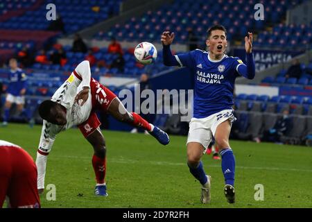 Harry Wilson of Cardiff city (r) reacts after he has a great chance to score very late in the game but totally miss kicks the ball as Marc Bola of Middlesbrough (l) clears. EFL Skybet championship match, Cardiff city v Middlesbrough at the Cardiff City Stadium in Cardiff, Wales on Saturday 24th October 2020. this image may only be used for Editorial purposes. Editorial use only, license required for commercial use. No use in betting, games or a single club/league/player publications. pic by Andrew Orchard/Andrew Orchard sports photography/Alamy Live news Stock Photo
