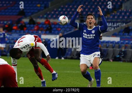 Harry Wilson of Cardiff city (r) reacts after he has a great chance to score very late in the game but totally miss kicks the ball as Marc Bola of Middlesbrough (l) clears. EFL Skybet championship match, Cardiff city v Middlesbrough at the Cardiff City Stadium in Cardiff, Wales on Saturday 24th October 2020. this image may only be used for Editorial purposes. Editorial use only, license required for commercial use. No use in betting, games or a single club/league/player publications. pic by Andrew Orchard/Andrew Orchard sports photography/Alamy Live news Stock Photo
