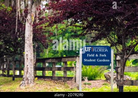 Gainesville, USA - April 27, 2018: Sign for entrance to field and fork student gardens in UF University of Florida in central state Stock Photo