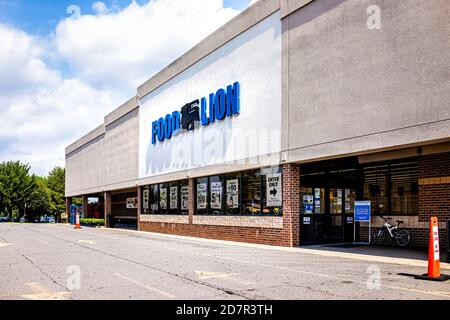 Sterling, USA - September 4, 2020: Storefront sign at Food Lion retail grocery store supermarket shop blue text logo new modern facade in Virginia Stock Photo