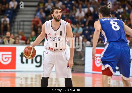 Stefan Markovic (Serbia), Tomas Satoransky (Czech Republic). FIBA OQT Tournament, Belgrade 2016 Stock Photo