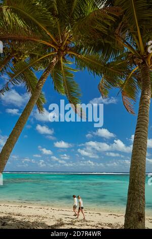 Coconut palm trees and beach, Takitimu District, Rarotonga, Cook Islands, South Pacific (model released) Stock Photo