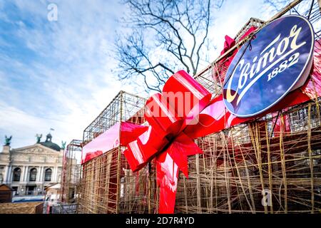 Lviv, Ukraine - January 21, 2020: Sign for Ukrainian confectionary manufacturer producer Svitoch of chocolate and candy in Lvov city old town at Chris Stock Photo