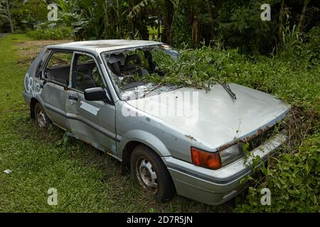 Vines on abandoned car, Rarotonga, Cook Islands, South Pacific Stock Photo