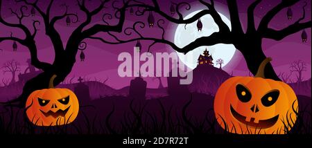 Pumpkins with faces in a graveyard with graves and bats hanging from the trees with a house on top of a mountain with purple night sky.Vector image Stock Vector