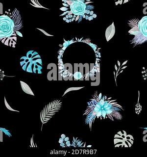 Seamless pattern of floral arrangement. Tropical palm leaves, pampas, rose blue, magnolia, eucalyptus branches, green on black background Stock Photo