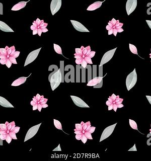 Seamless pattern of floral elements. Magnolia and pink tulips, spring greenery, foliage, branches on a black background Stock Photo