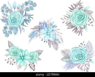 Botanical arrangement of a blooming Magnolia rose on a white background. Flower arrangement bouquet flowers leaves branches. Vector Stock Vector