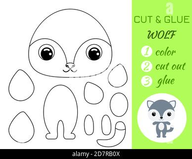 Coloring book cut and glue baby wolf. Educational paper game for preschool children. Cut and Paste Worksheet. Color, cut parts and glue on paper.Carto Stock Vector