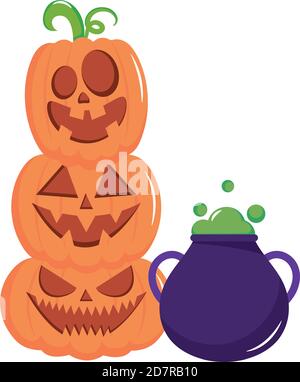witch cauldron and stack of halloween pumpkins over white background, flat style, vector illustration Stock Vector