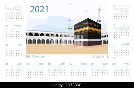 Hijri islamic calendar 2021. From 1442 to 1443 vector celebration template with week starting on 
