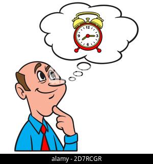 Thinking about an Alarm Clock - A cartoon illustration of a man Thinking about an Alarm Clock. Stock Vector