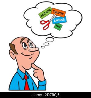 Thinking about Coupons - A cartoon illustration of a man Thinking about Coupons. Stock Vector