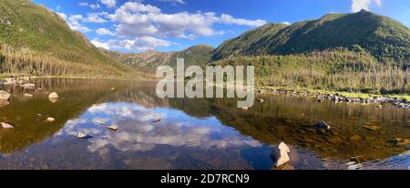 Panoramic view with nice reflections of Lac aux Americains, Gaspesie National Park, Quebec, Canada Stock Photo