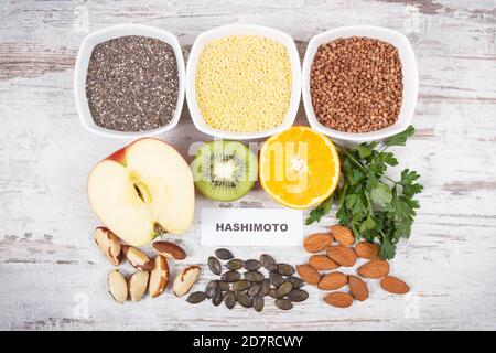 Inscription hashimoto with beneficial nutritious eating for thyroid gland. Healthy ingredients containing natural vitamins and minerals Stock Photo