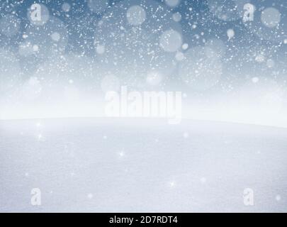Winter christmas background, white snow surface texture and falling snowflakes with copy space Stock Photo