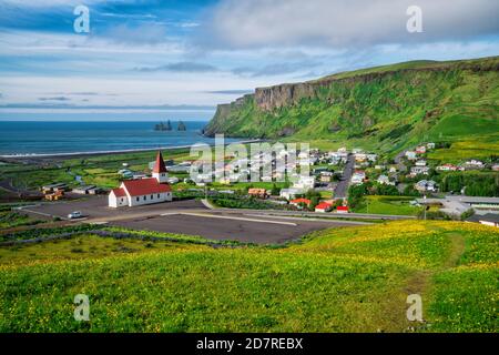 Beautiful town of Vik i Myrdal in Iceland in summer. The village of Vik is the southernmost village in Iceland on the ring road around 180 km Stock Photo
