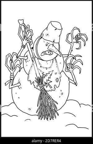 Angry snowman drawing.  Halloween monster coloring template. Stock Photo