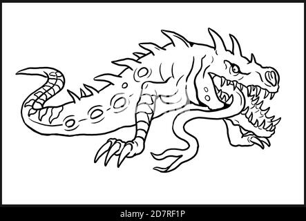 Fantasy monster drawing. Mutant crocodile coloring template. Stock Photo