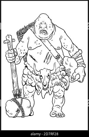 Troll drawing.  Giant cannibal coloring template. Stock Photo